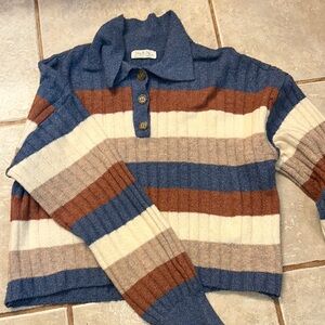 Blue and Brown Striped Knit Sweater with Collared Neckline